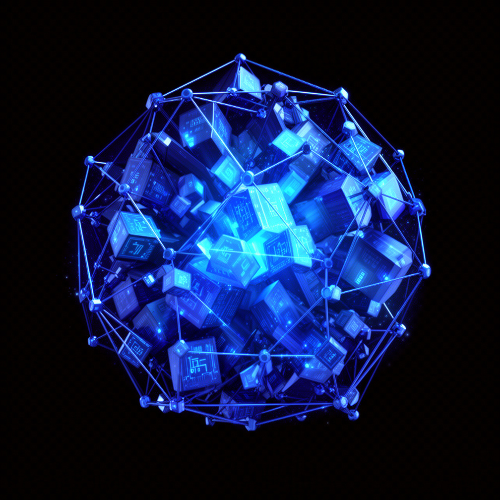 Abstract crystalline tech forms with light traces representing distributed systems